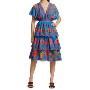 Farm Rio Women's Tropical Tapestry Layered Midi Dress in Blue Size Medium